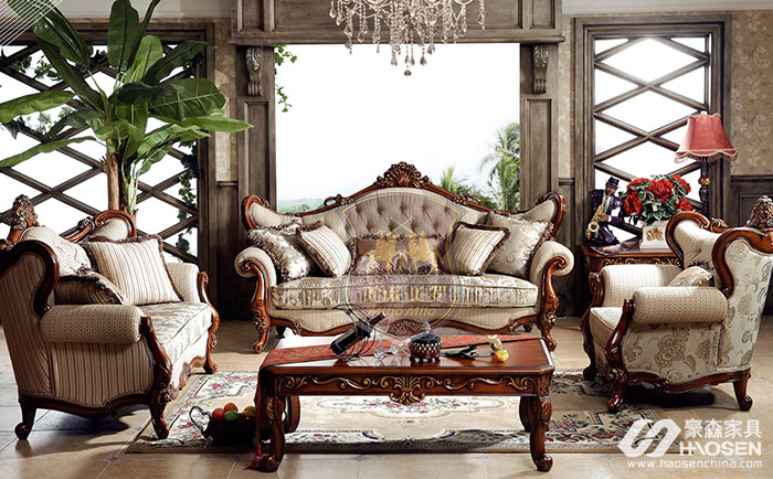 美保美罗美式古典全实木布艺沙发